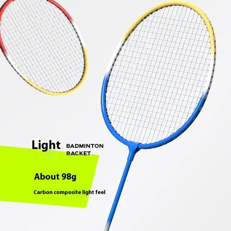 Pair of blue and red ultra-light alloy badminton rackets on a neutral background.