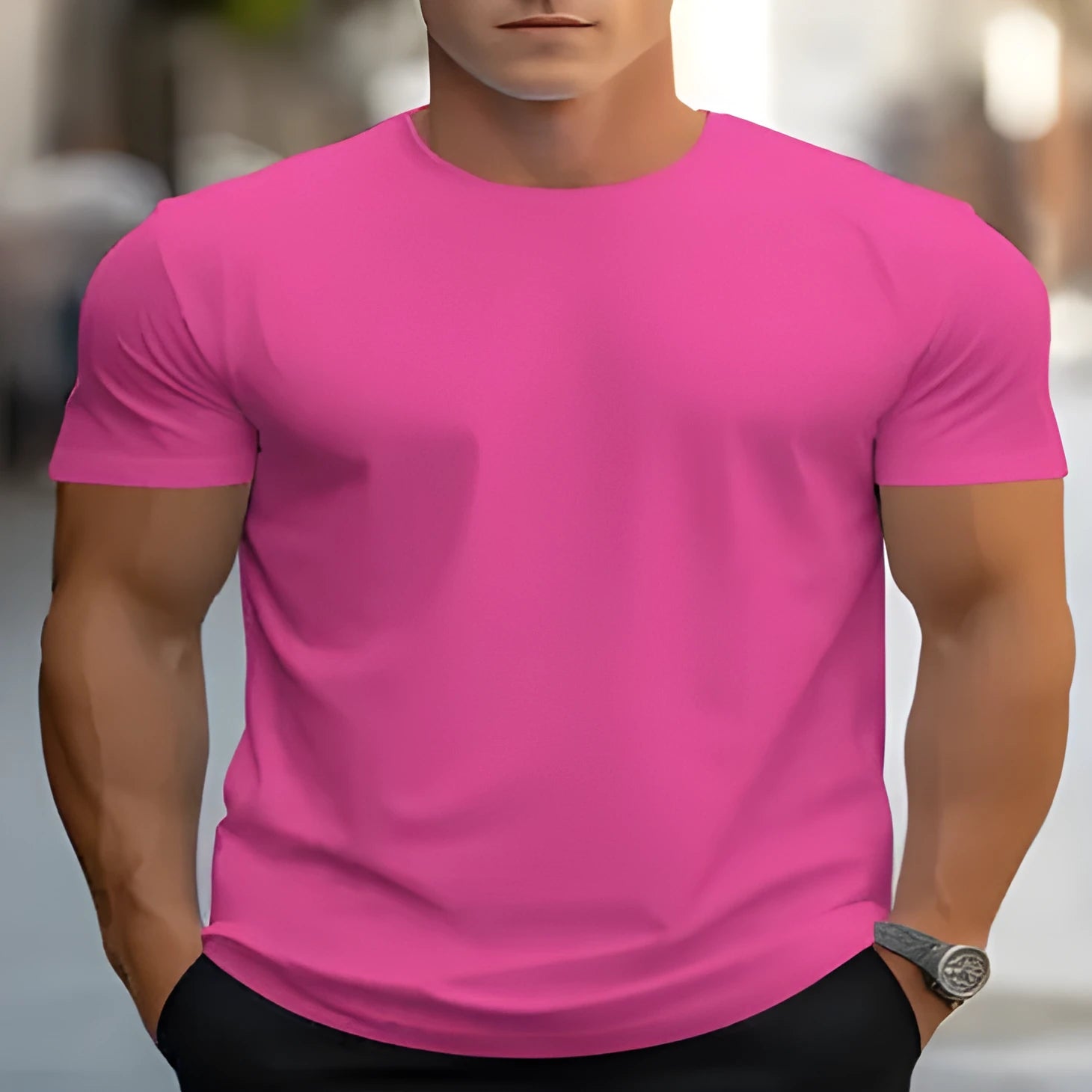Men's loose fit printed T-shirt with round neck and short sleeves in polyester bird eye cloth fabric