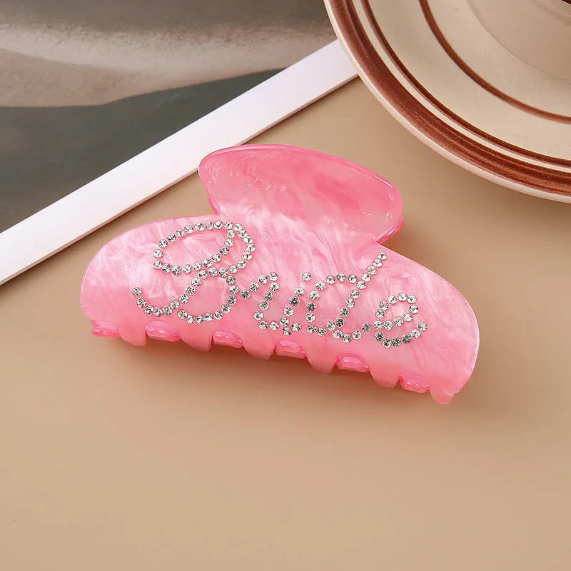 10cm pink and white acrylic hair clip with multi-diamond shower design and double-sided drilling