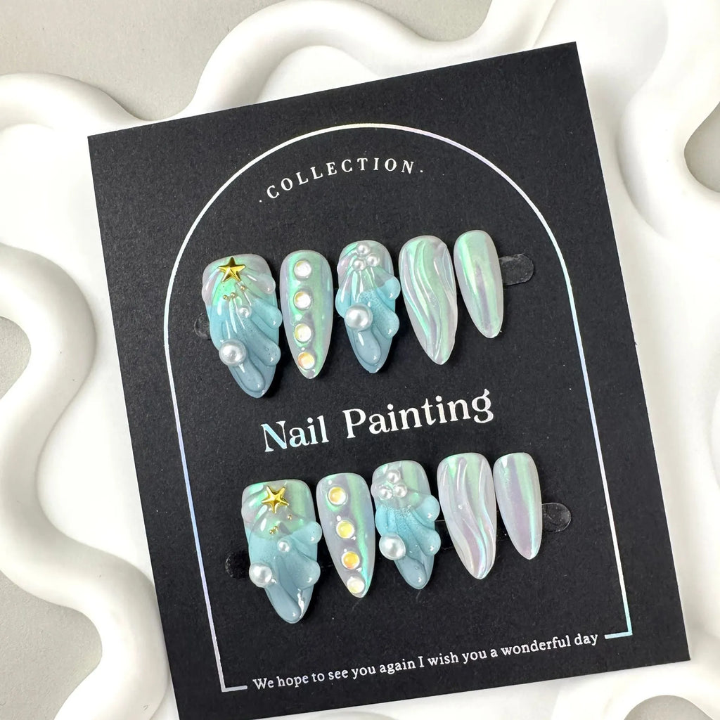 HAILANG blue plastic nail sticker set showing wearable artificial nails in four sizes