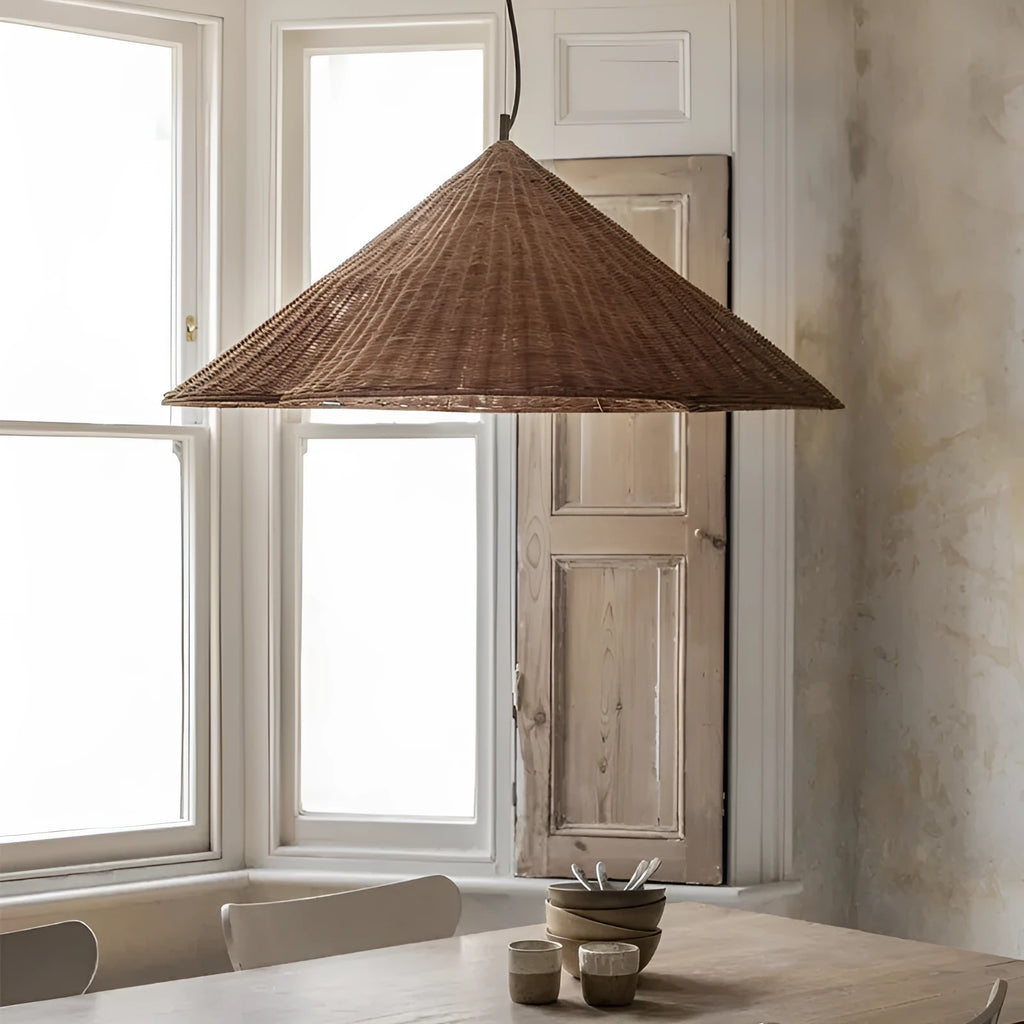 Natural rattan woven ceiling lamp with bamboo frame in Silent Wind style