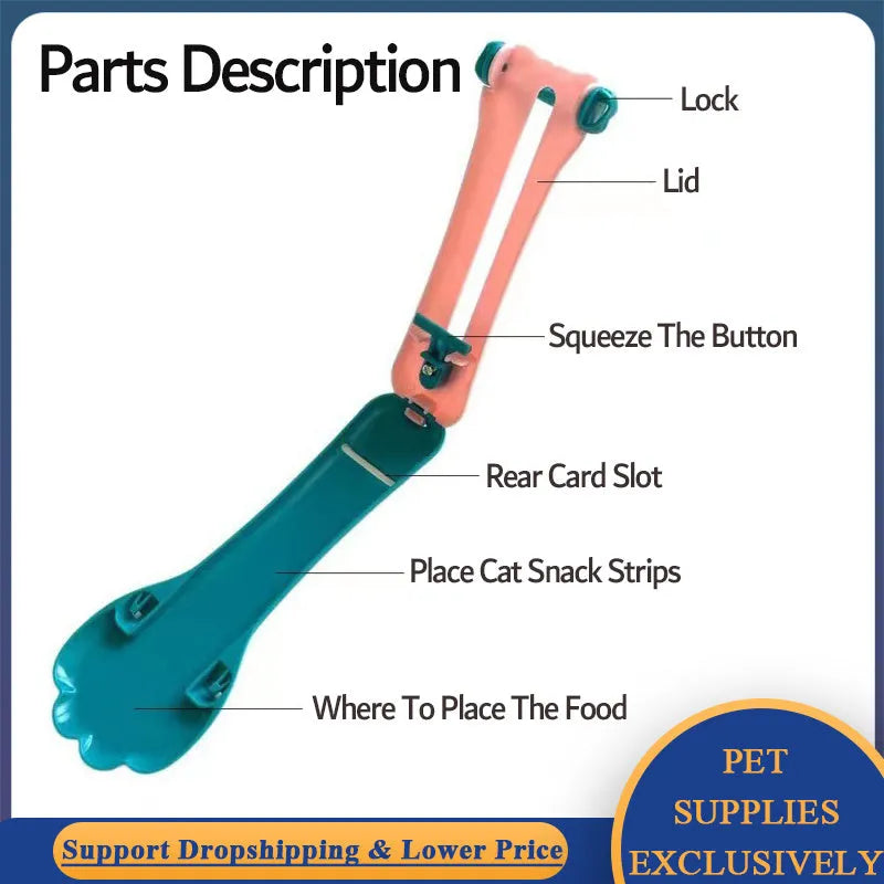Pet food scoop dispenser with long silicone tubing and a set of five coloured nozzle heads on a green background.