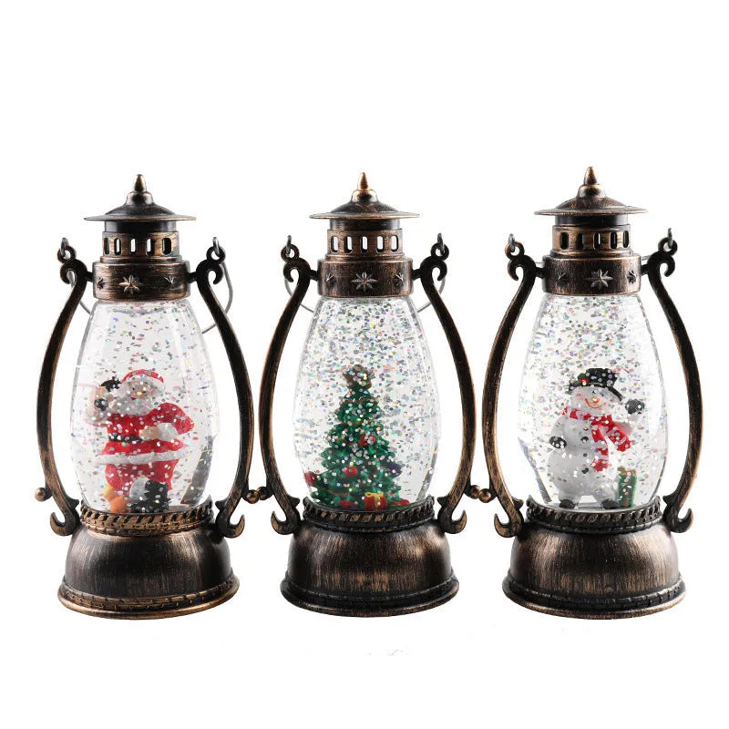 Crystal ball LED oil lamp Christmas decoration with snow globe effect showing detailed figurine scene