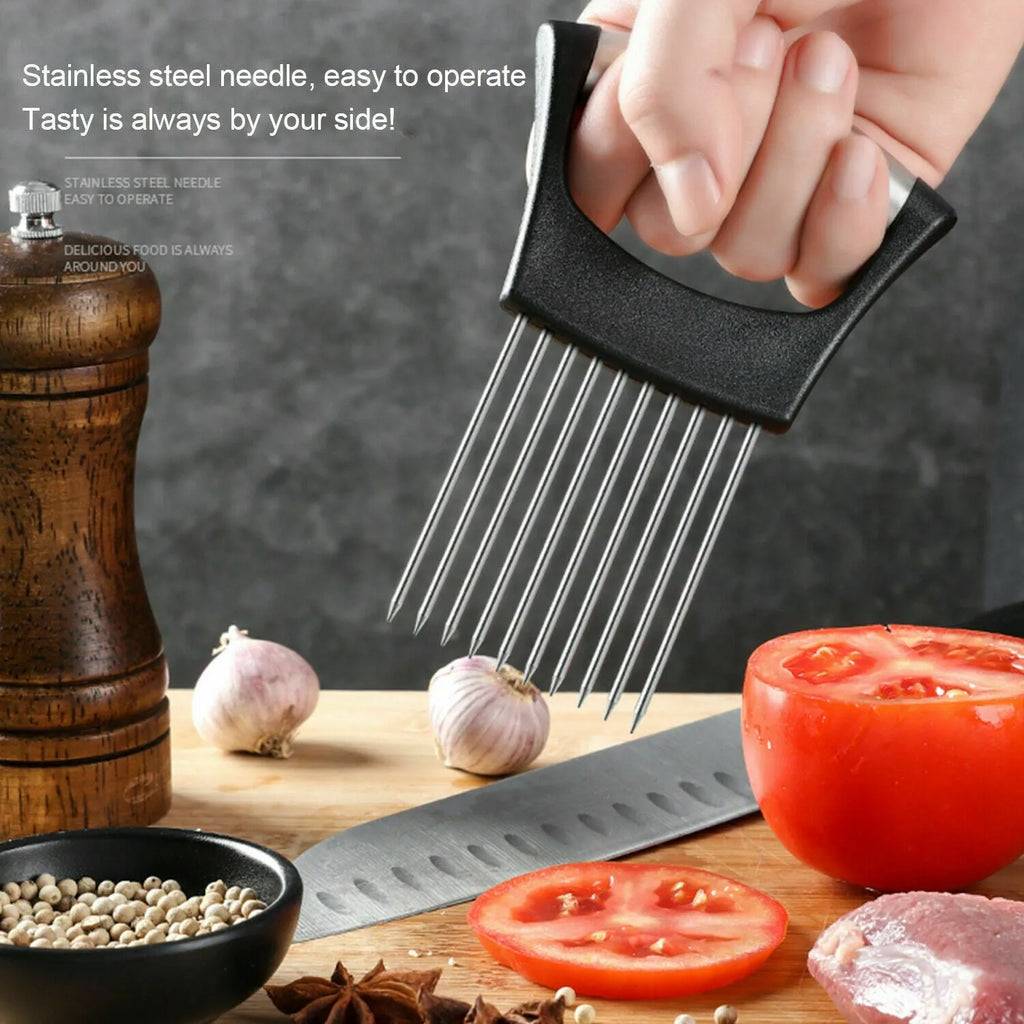 Stainless steel and ABS plastic food slice assistant for holding onions and tomatoes during cutting