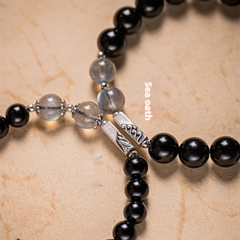 Obsidian Buddha beads DIY couple bracelet kit with 8mm and 10mm beads in traditional national style