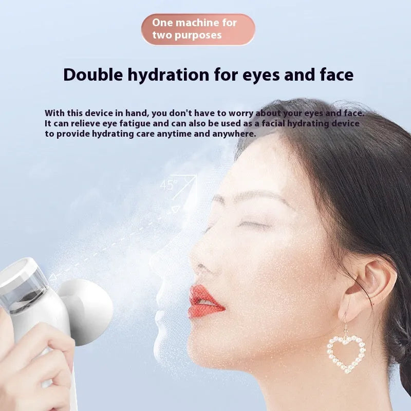 White USB rechargeable portable eye massager mask for hot and cold compress with atomising mist.