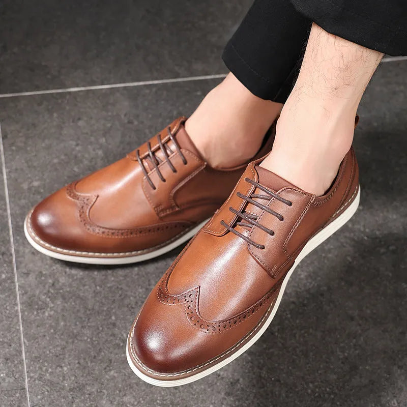 Men's black slip-on business shoes with round toe and TPR sole