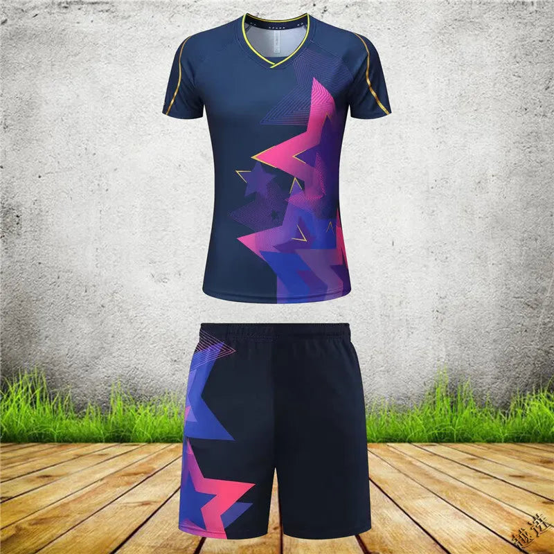 Men's and women's badminton competition sportswear set with short-sleeved polyester jacket and matching trousers.
