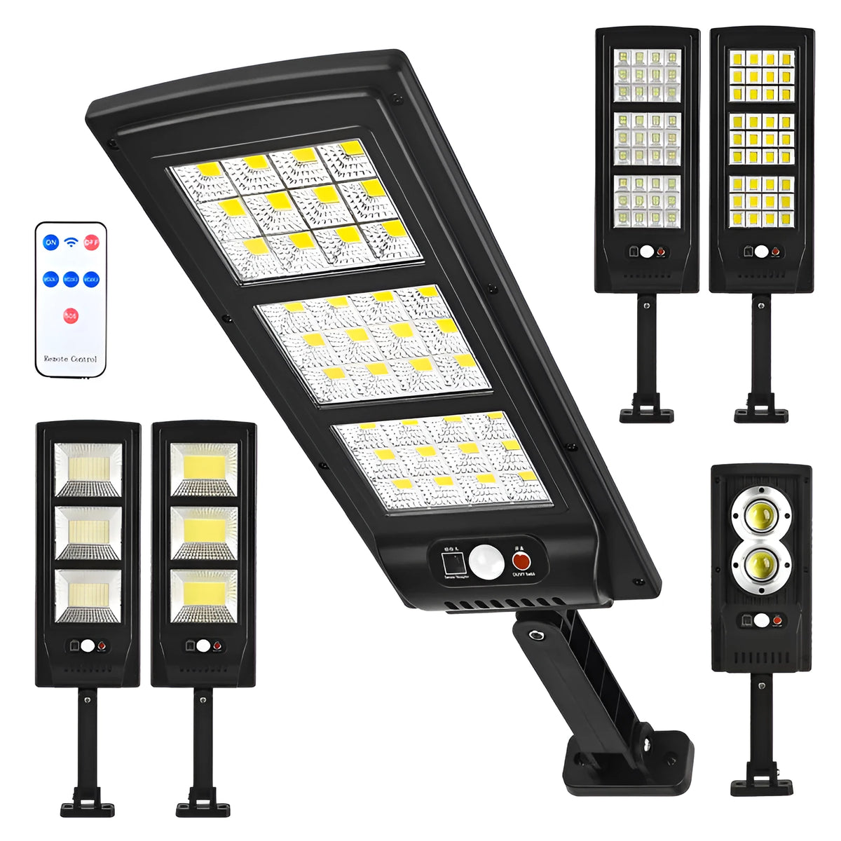 Plastic solar-powered street light unit with remote control for outdoor use.