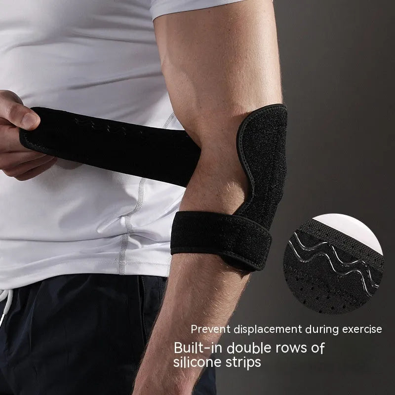 Black adjustable sports elbow guard for badminton, basketball, tennis, and multi-sport protection