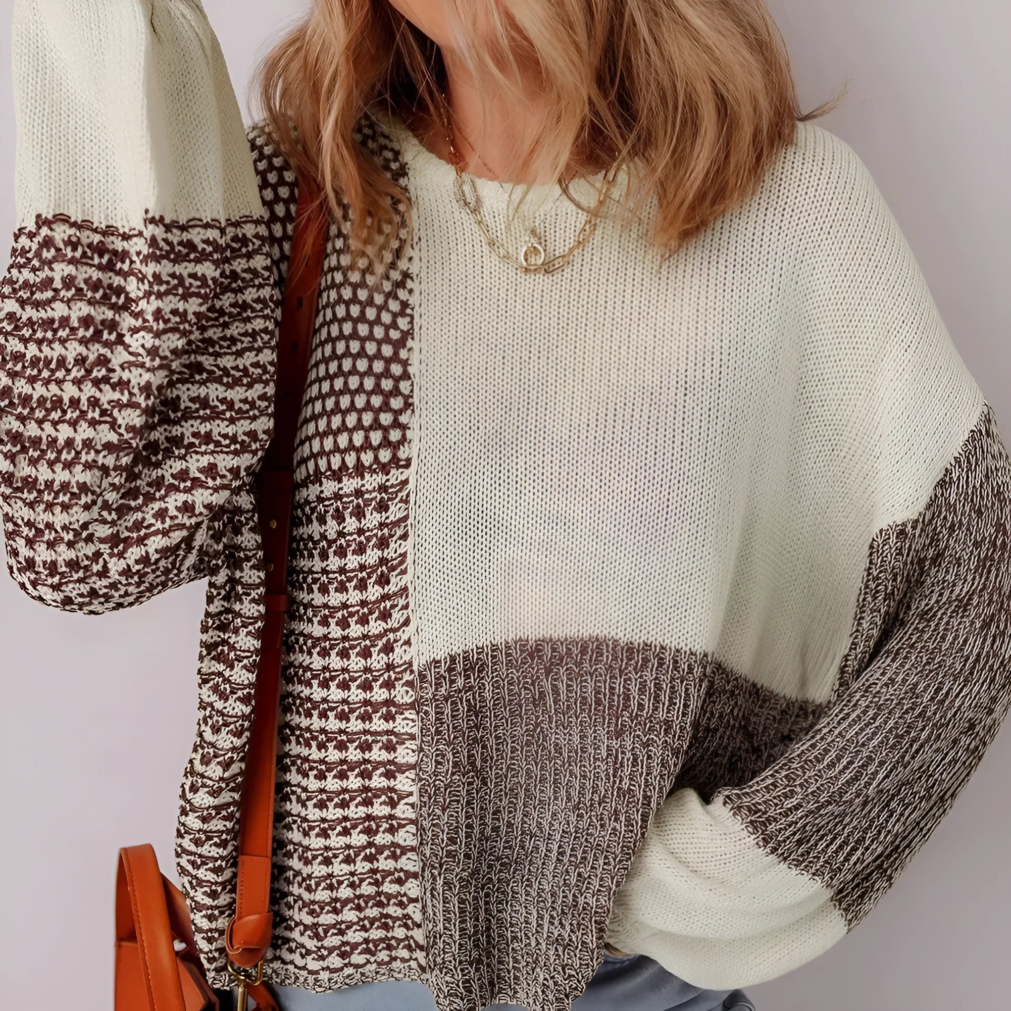 Dark khaki colour block loose sweater with back tie detail and drop shoulder design