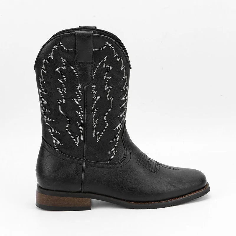 Men's black square toe Western motorcycle boots with low wedge heel and embroidery detail on artificial leather.