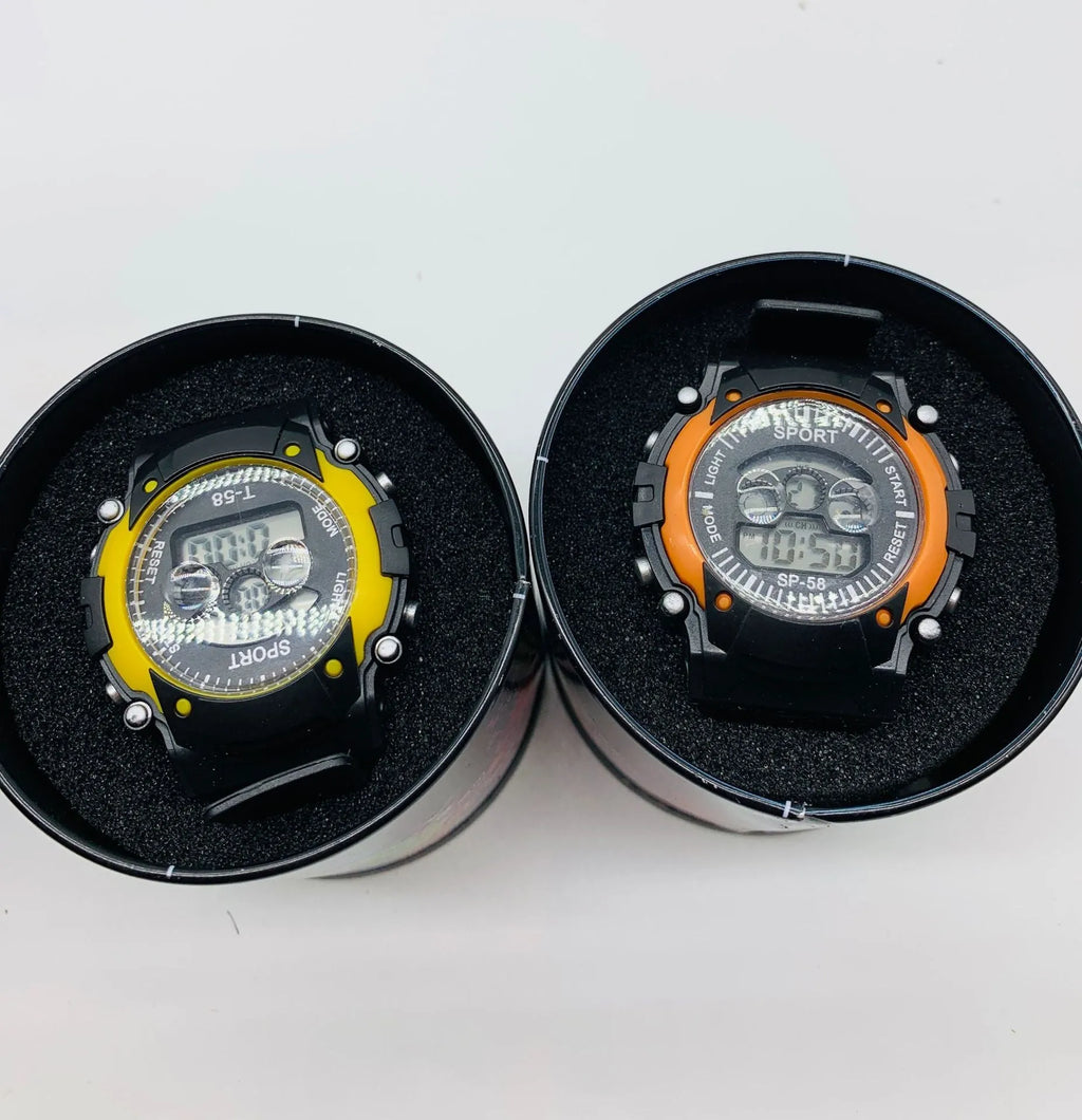 Digital sports watch for children with silicone strap and plastic case showing alarm, calendar and timer functions