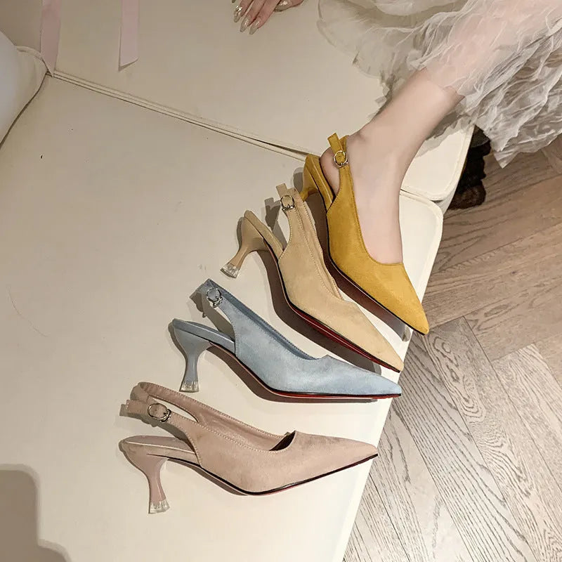 Women's apricot suede pointed toe stiletto heels on white background