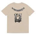 A loose fit grey cotton short sleeve T-shirt with a round neck on a hanger.