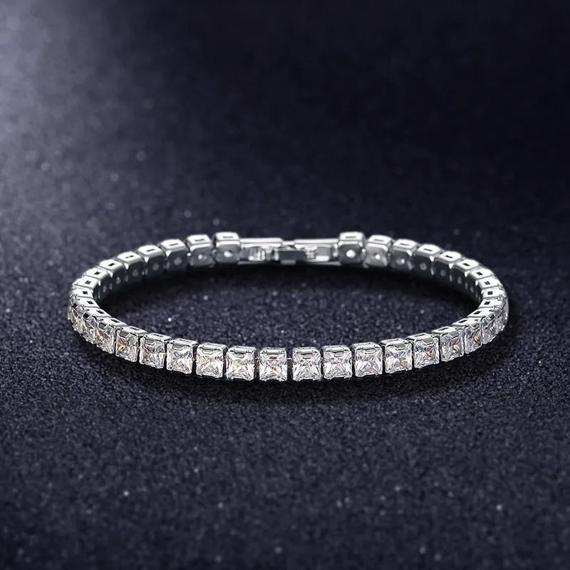 Electroplated real platinum square diamond bracelet with geometric design and gang drill elements in zircon