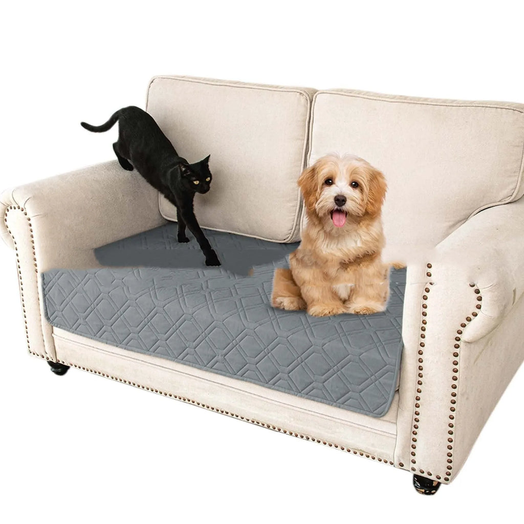 Double-sided waterproof dog sofa cushion in dark grey and light grey reversible colours on a sofa