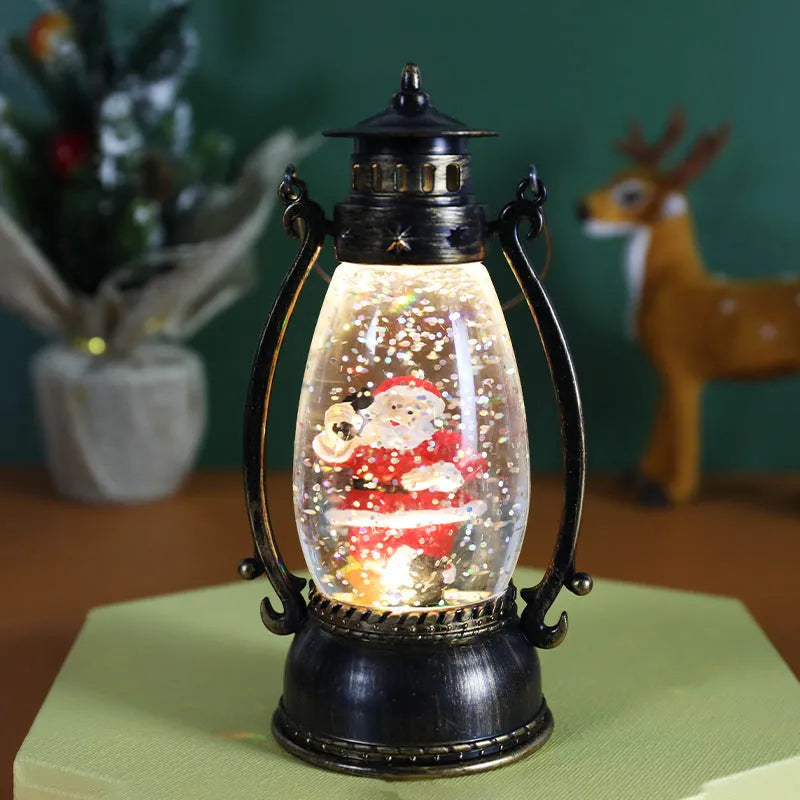 Crystal ball LED oil lamp Christmas decoration with snow globe effect showing detailed figurine scene