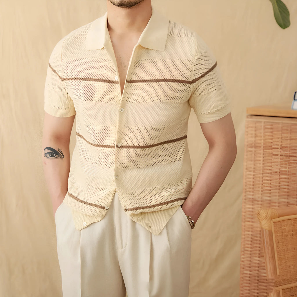 Camel coloured lapel collar cardigan with short sleeves made from cotton linen blend fabric