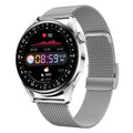 Black leather smartwatch with health monitoring and payment functions on a wrist, showing its 1.32-inch touchscreen.