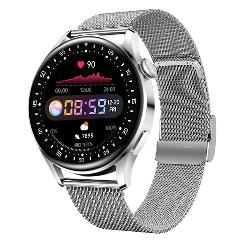 Black leather smartwatch with health monitoring and payment functions on a wrist, showing its 1.32-inch touchscreen.