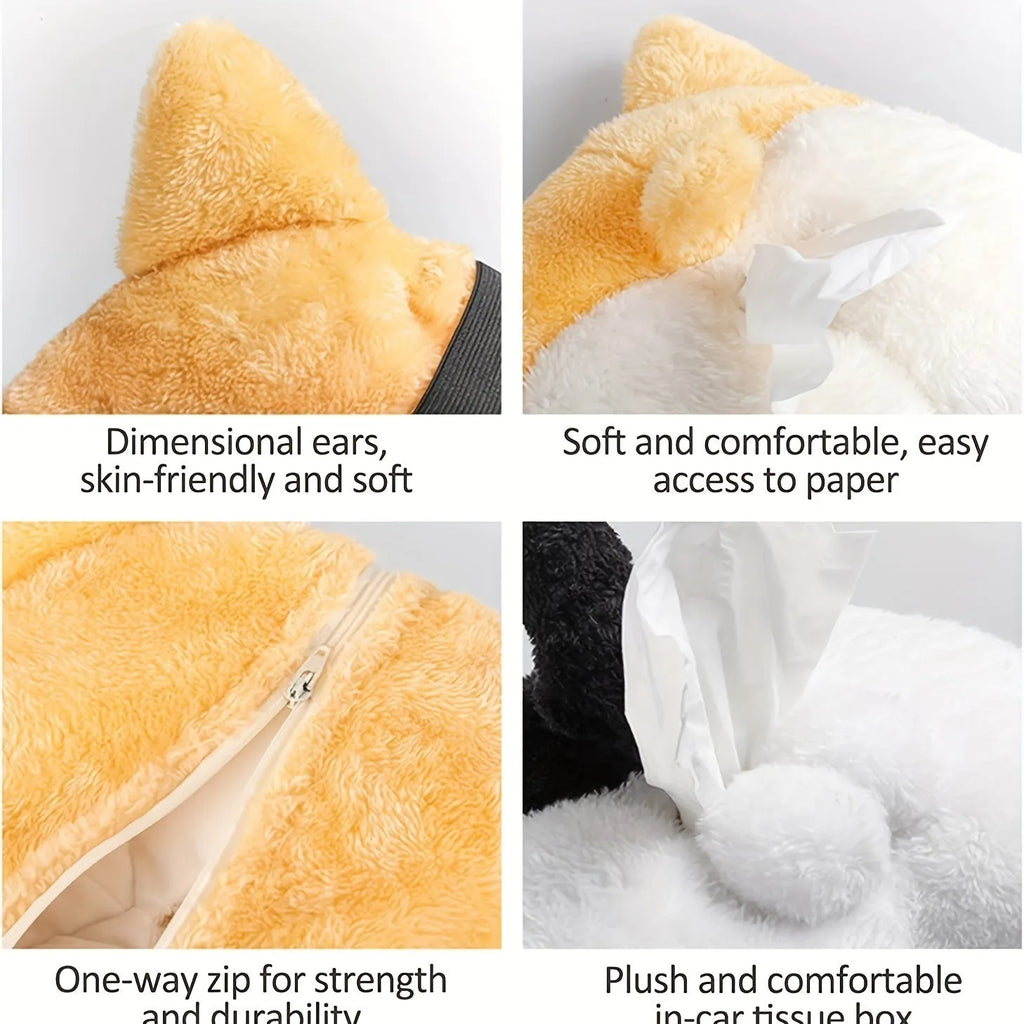 Yellow soft plush corgi butt shaped tissue box cover with elastic straps for car visor.