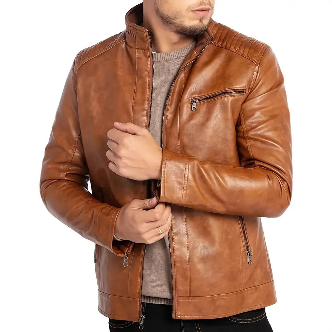 Men's brown artificial leather punk style motorcycle jacket with stand collar and patch pocket