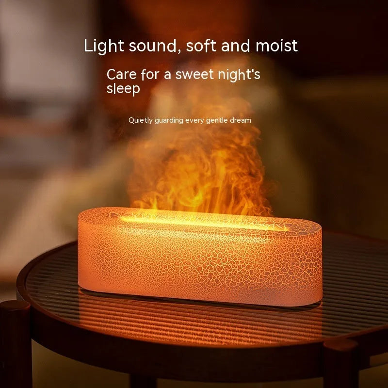 Square creative lava flame atmosphere humidifier and aroma diffuser with colourful LED lights on a desktop.