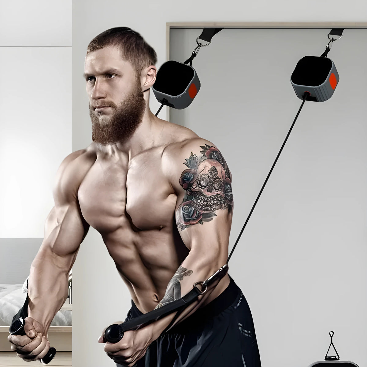 Blue grey and orange grey intelligent adjustable resistance training tensioner for full body workouts.