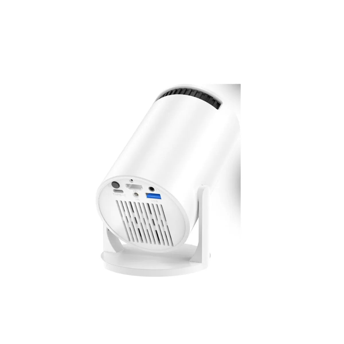 White mini wireless projector showing 1080p HD resolution for home cinema use.