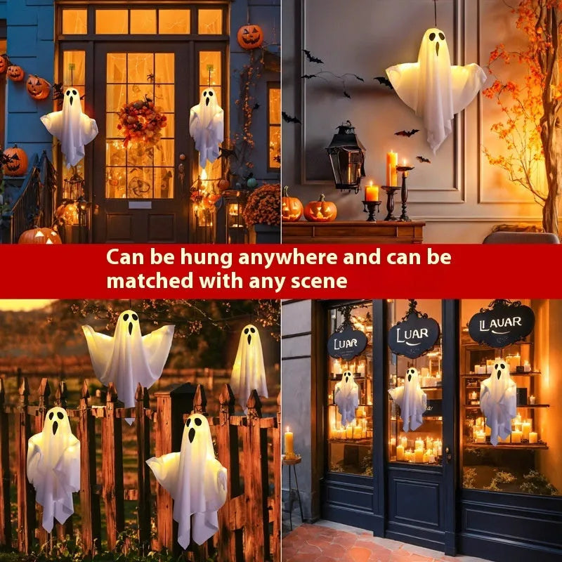 Luminous white Halloween ghost light decoration with cloth construction and 4.5V button electronics