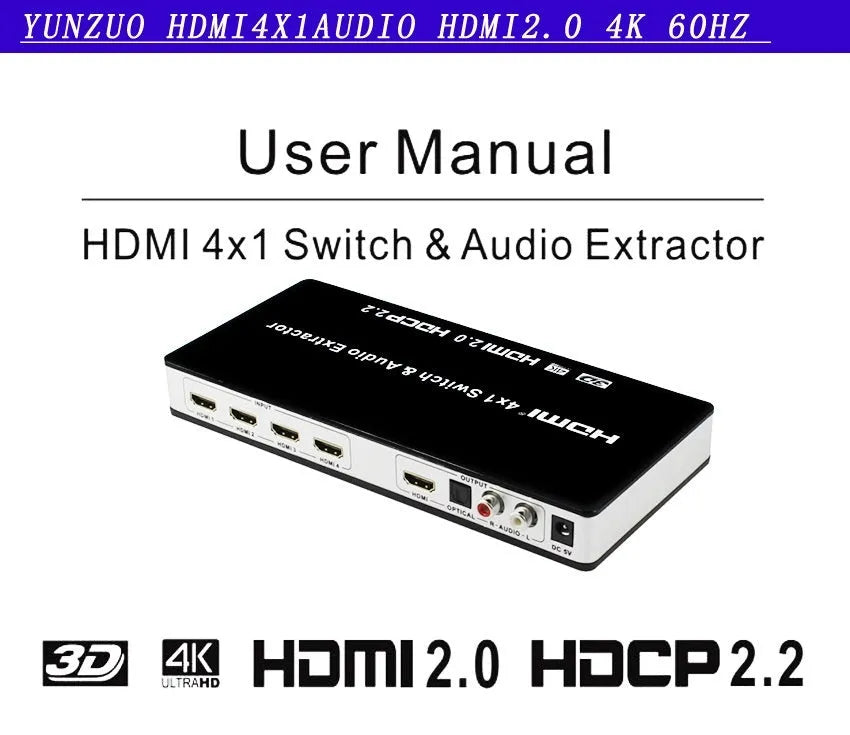 Black HDMI audio switch with remote control, 4 input ports and 1 output port for 4K video switching.