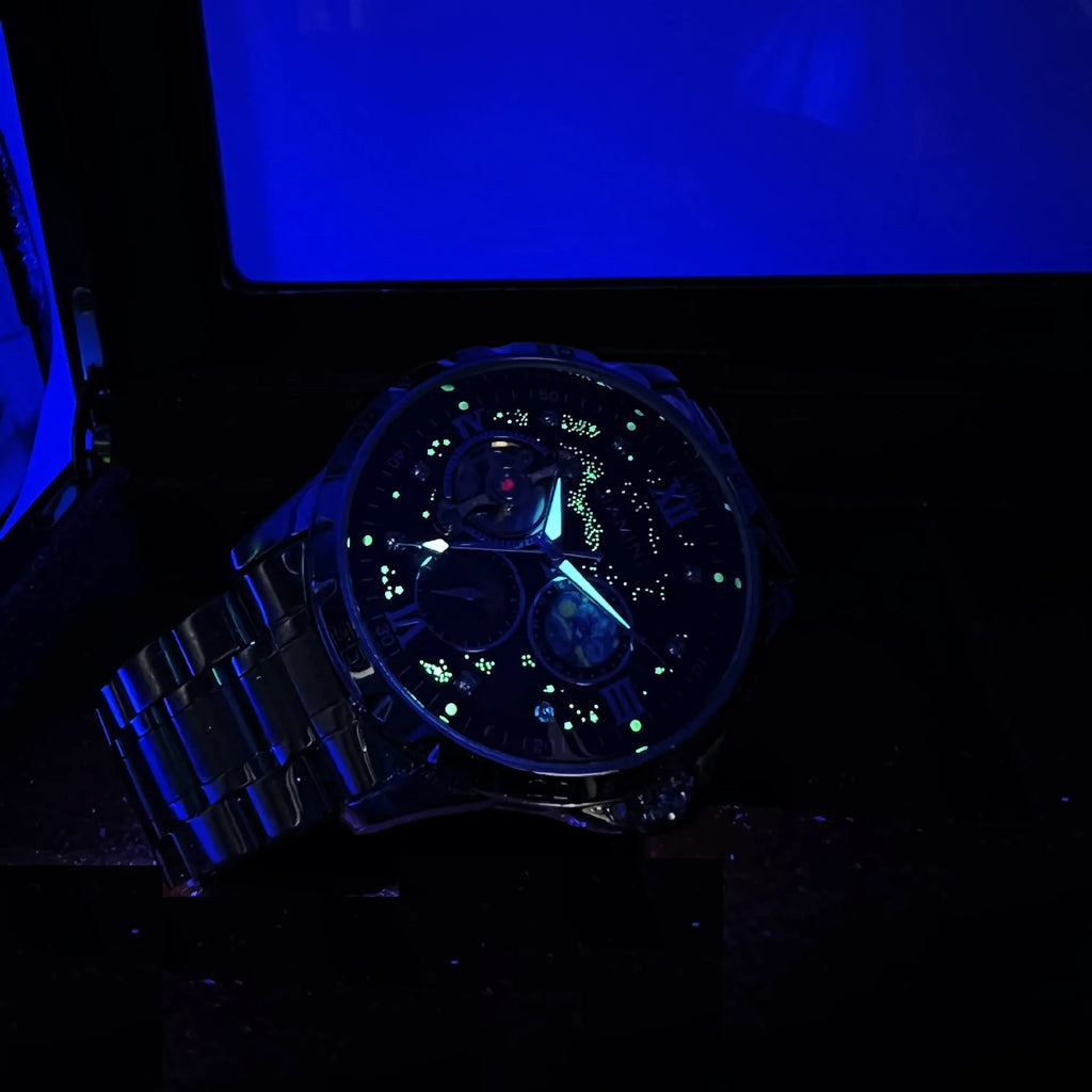 Men's automatic mechanical watch with rose gold case and large black dial