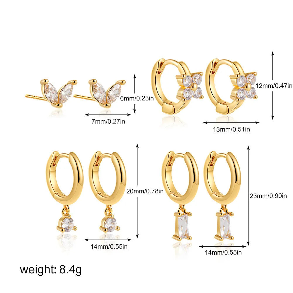Geometric copper earrings set with zircon stones in gold or silver electroplating, showing star and square designs