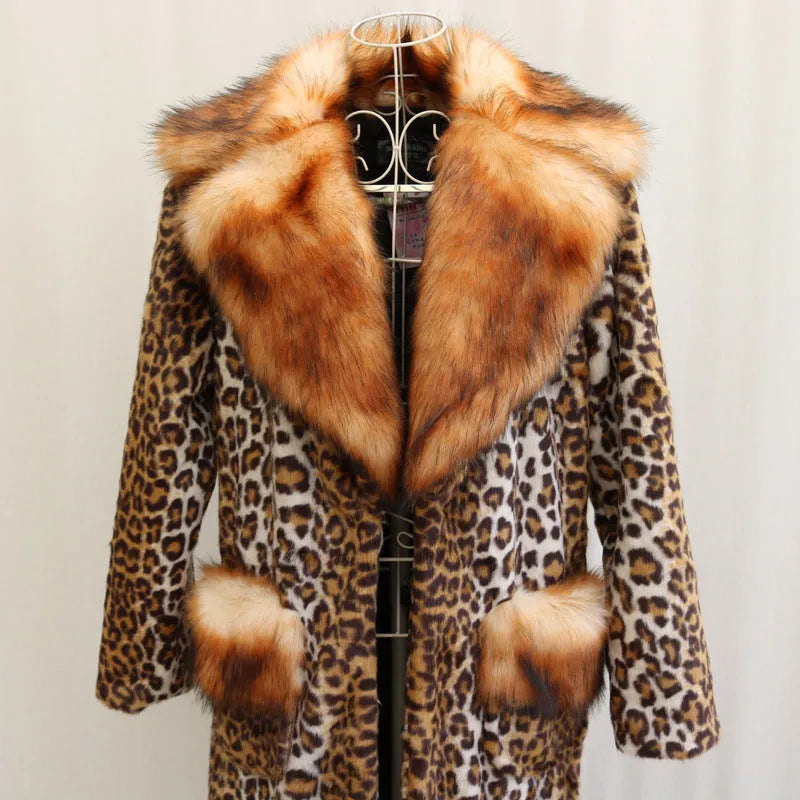 Women's long leopard print artificial fur jacket with regular sleeves on a model.
