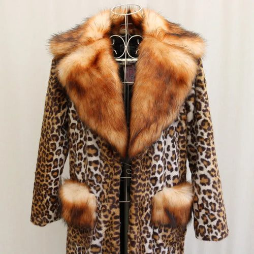 Women's long leopard print artificial fur jacket with regular sleeves on a model.