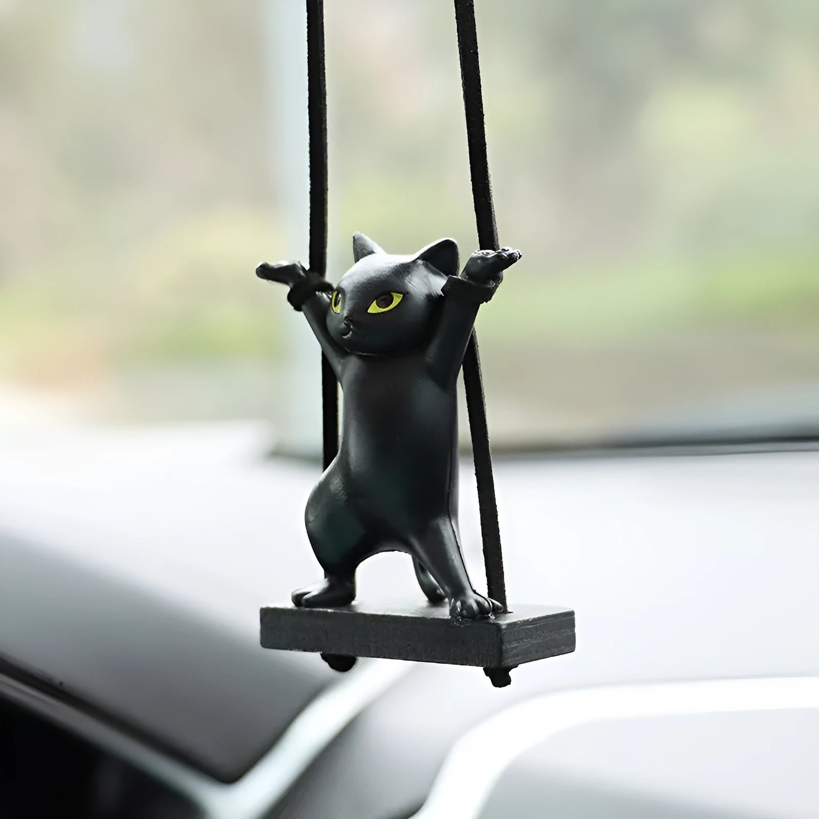 Cartoon-style resin cat pendant for car interior with adjustable rope in multiple colour options