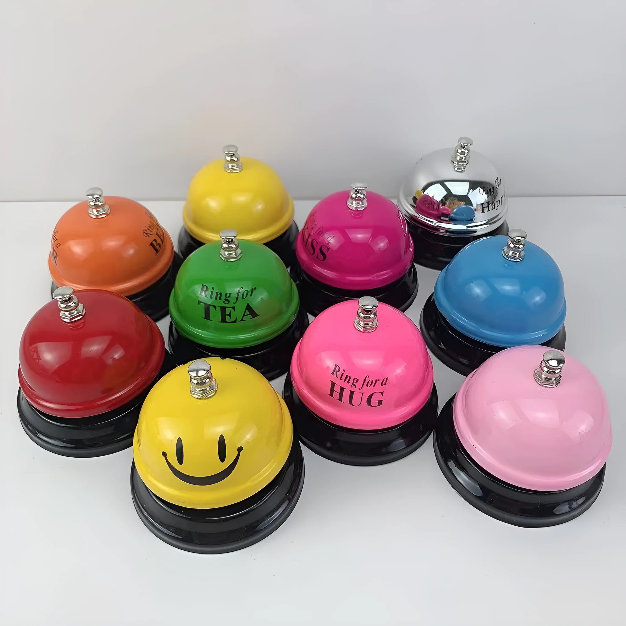 Iron hand bell for classrooms or restaurants in one of eleven colour options like blue, pink, or green tea.