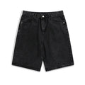Men's solid colour denim shorts showing five-point straight-leg design with zipper fly closure