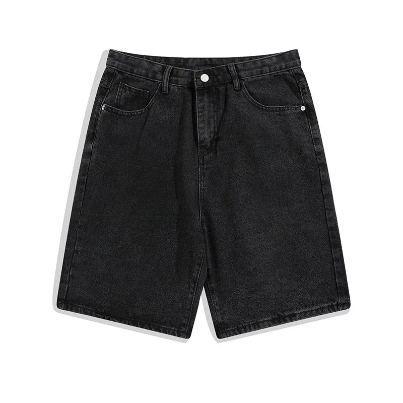 Men's solid colour denim shorts showing five-point straight-leg design with zipper fly closure