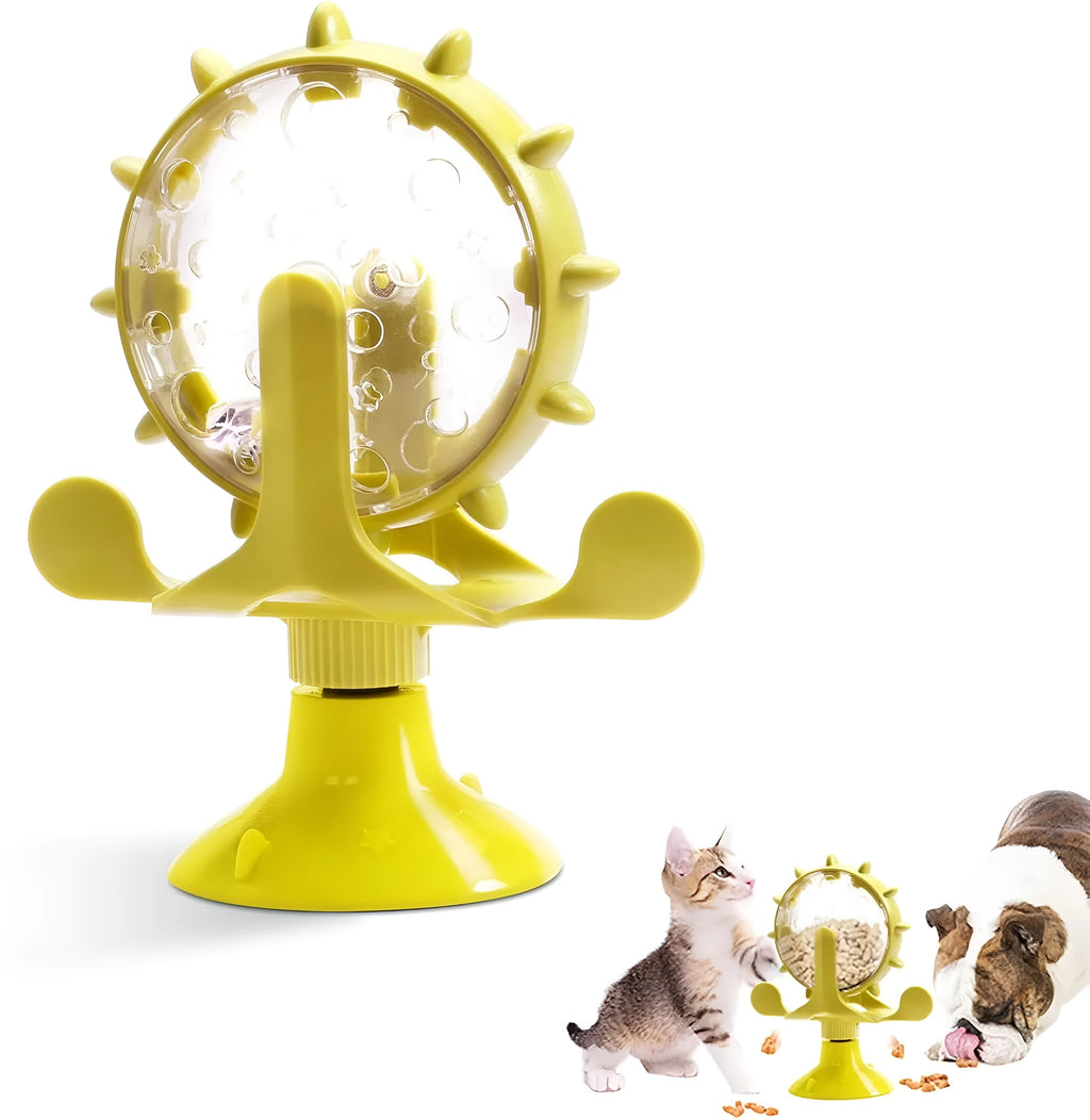 Interactive cat and dog puzzle feeder toy with rotating spinner and sucker base in assorted colours