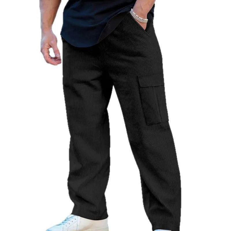 Men's corduroy cargo trousers in wide-leg straight cut with drawstring waist autumn casual pants