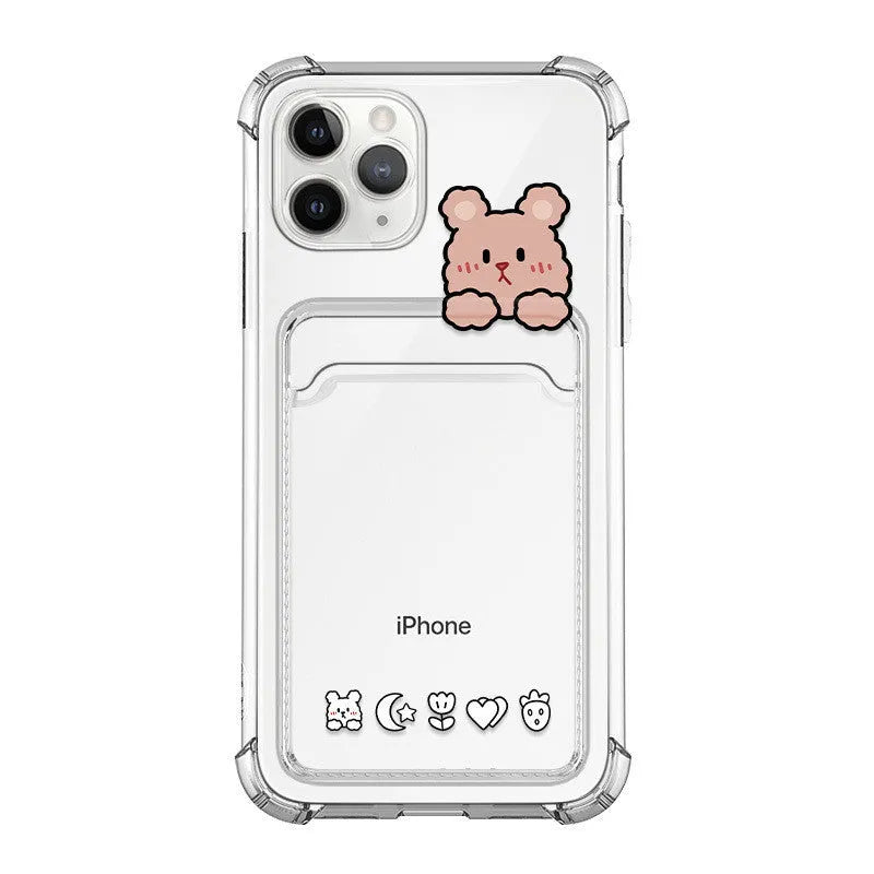 Transparent cartoon-design iPhone case with a card slot on the back, shown in colour options BQ2472 and BQ2473.