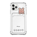 Transparent cartoon-design iPhone case with a card slot on the back, shown in colour options BQ2472 and BQ2473.