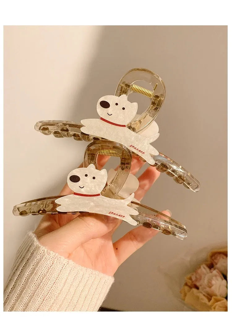 Cartoon puppy design grip hair clip barrette in beige or brown, shown at 13cm and 8cm sizes.