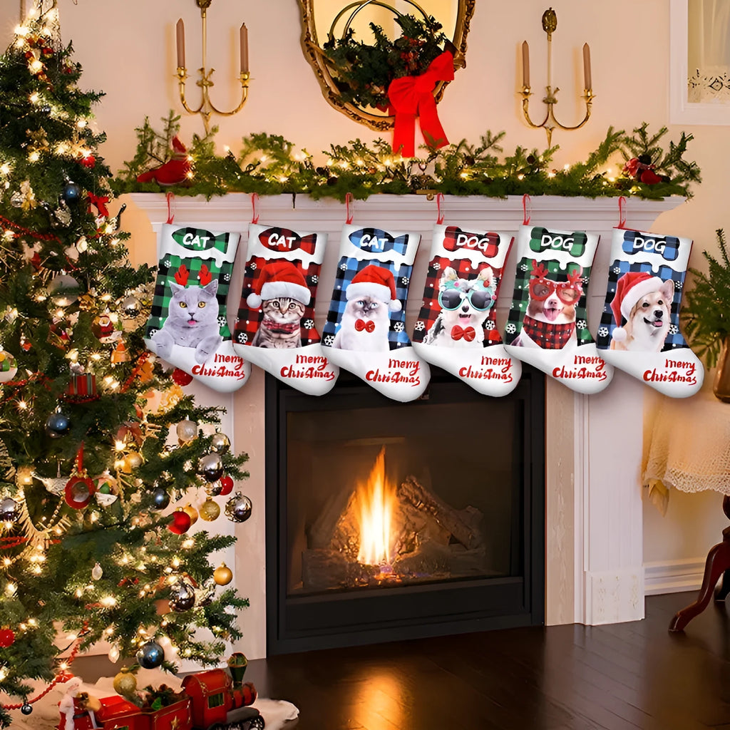 Printed cloth Christmas wall hanging with puppy and cat designs in traditional American plaid style