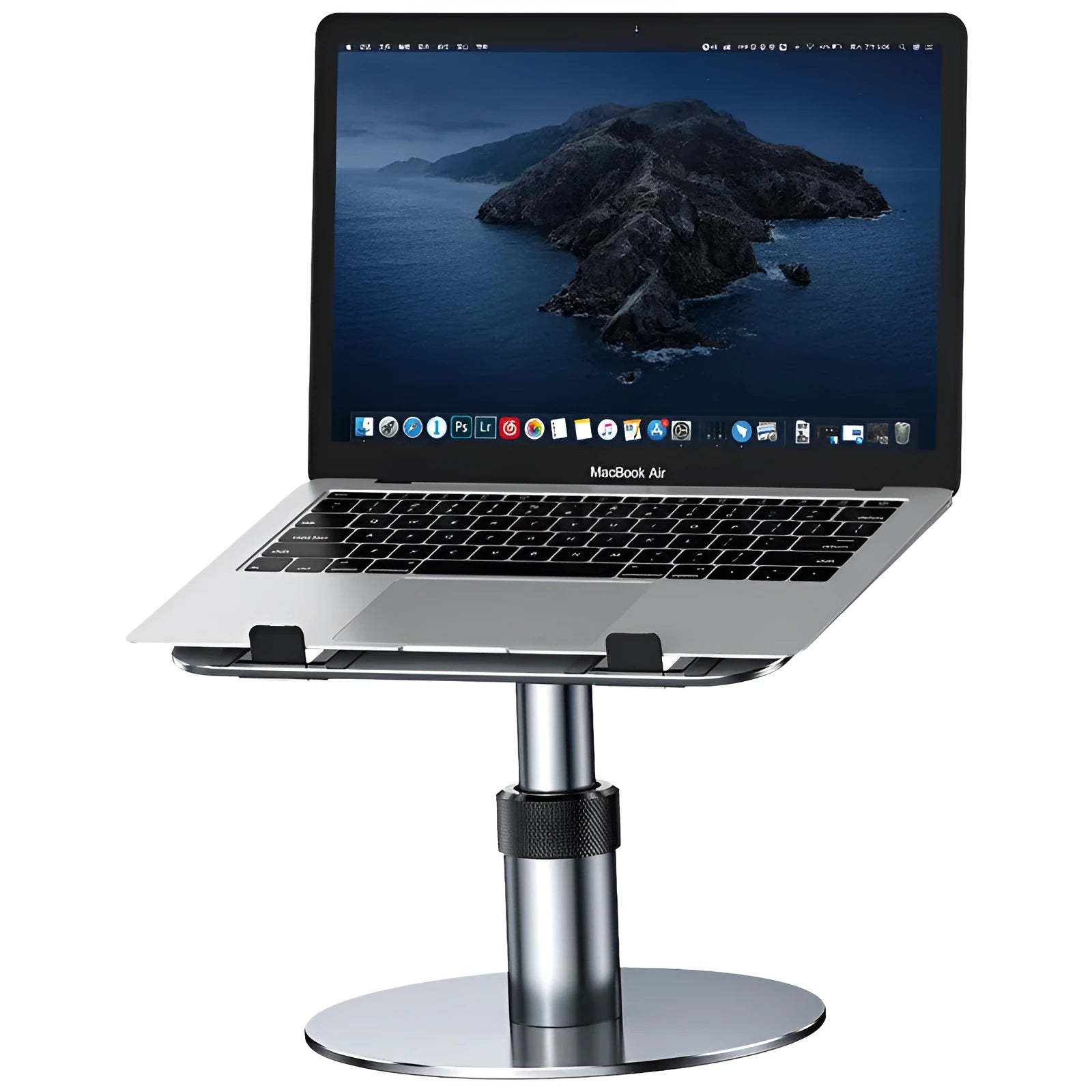Silver aluminium car laptop stand with adjustable height and 360-degree rotating base on a car seat.