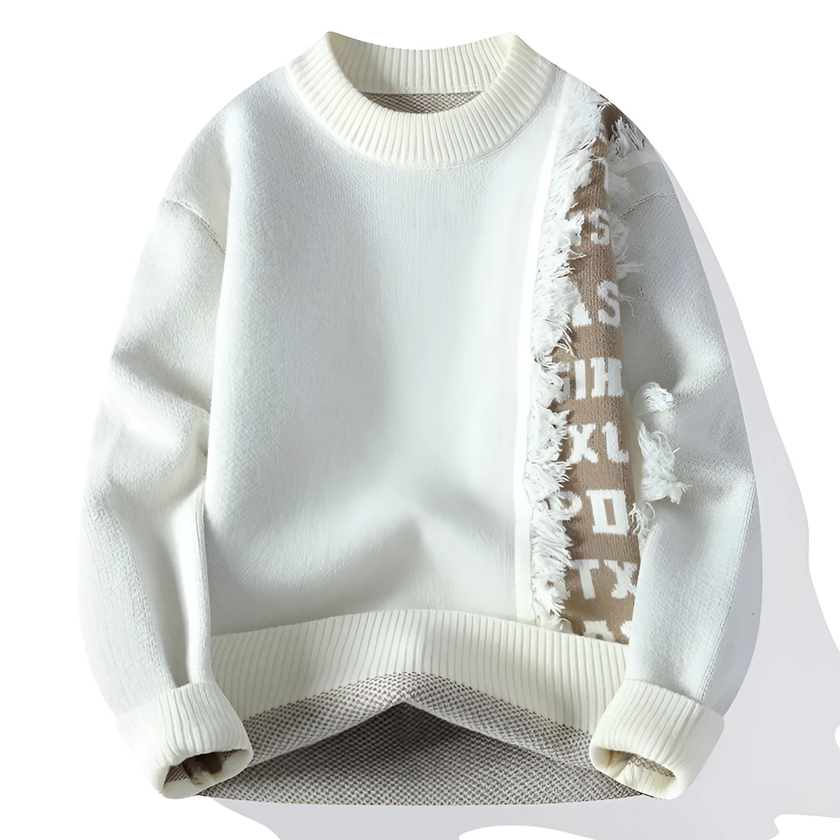 Men's loose fit knitted pullover in rabbit fur with ribbed hemline, shown in multiple colours.