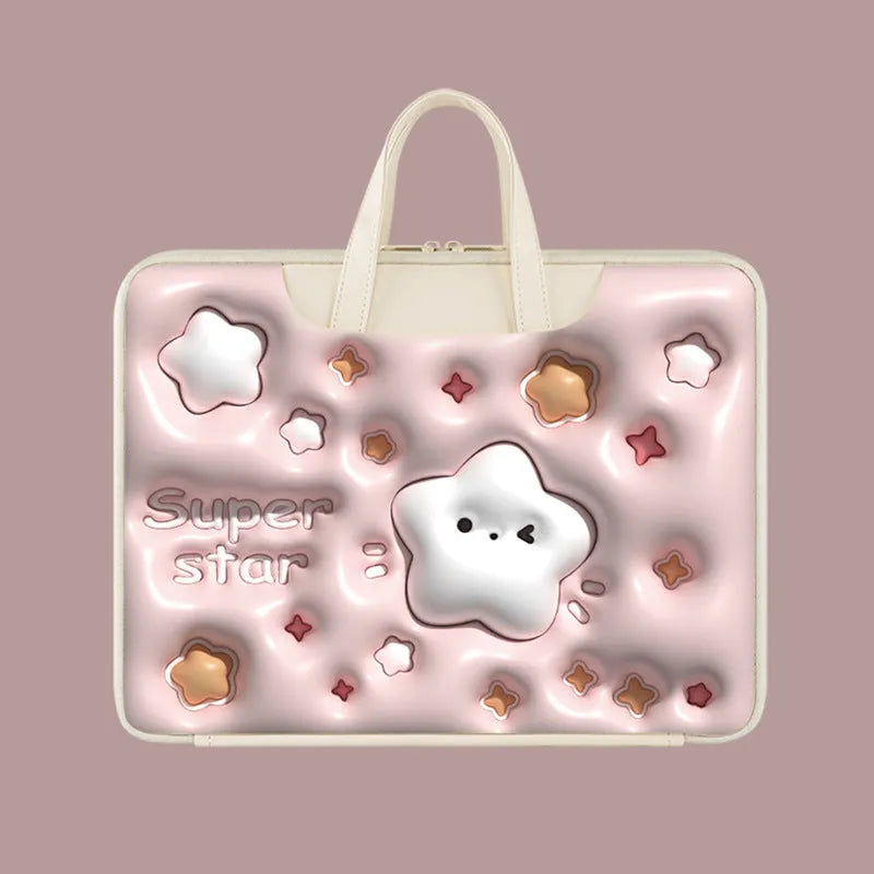 Inflatable PU leather laptop bag with cartoon print hanging from a suitcase handle