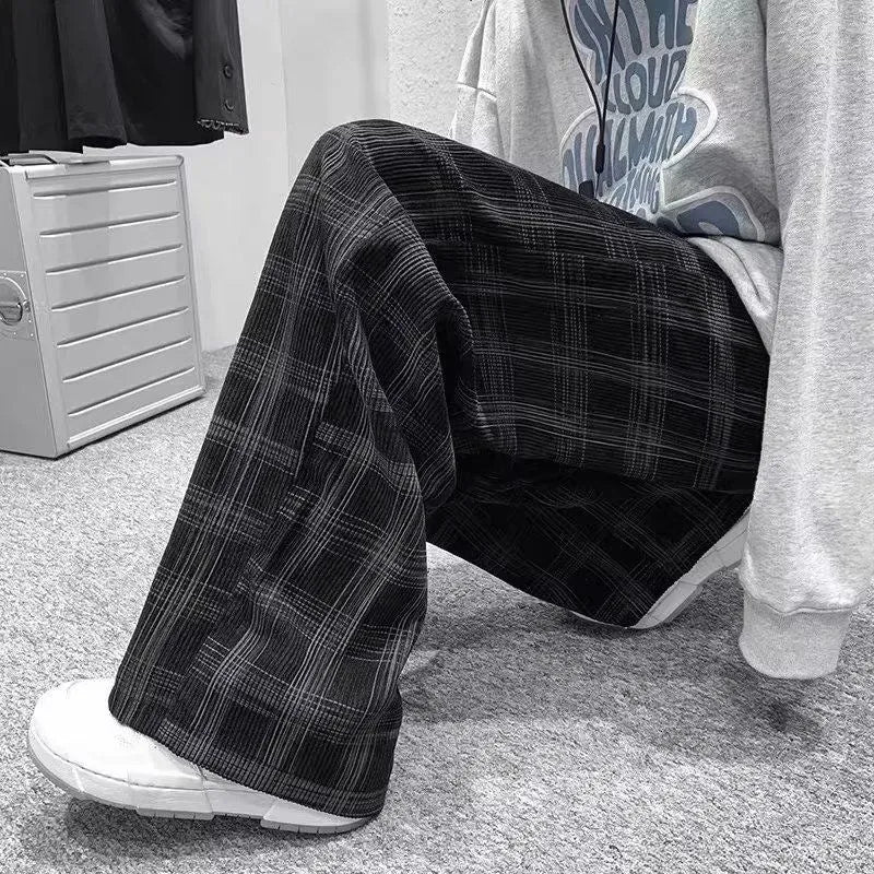 Japanese retro loose plaid trousers in straight-leg design showing black and green colour options